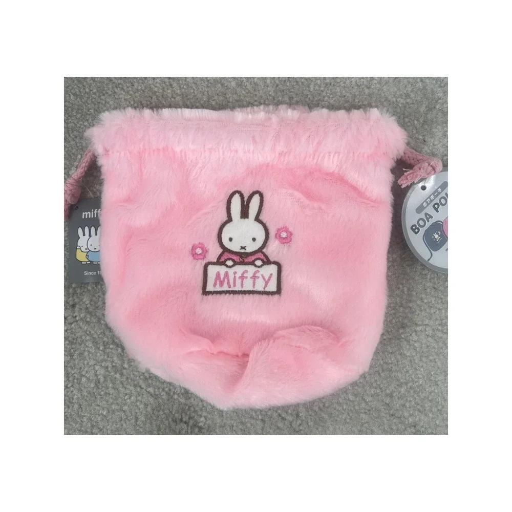Miffy Boa Pouch Pink Faux Fur Plush Drawstring Bag Embroidered Inner Pockets NWT